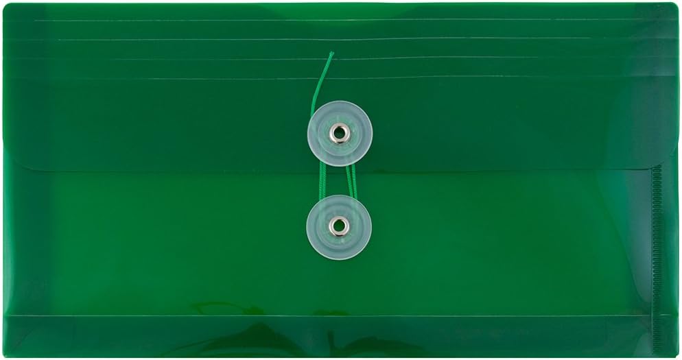 JAM PAPER Plastic Envelopes with Button & String Tie Closure - #10 Business Booklet - 5 1/4 x 10 - Green - 12/Pack
