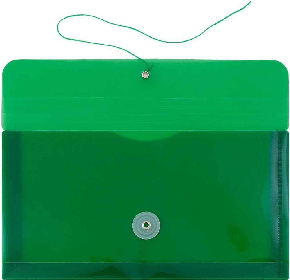JAM PAPER Plastic Envelopes with Button & String Tie Closure - #10 Business Booklet - 5 1/4 x 10 - Green - 3/pack