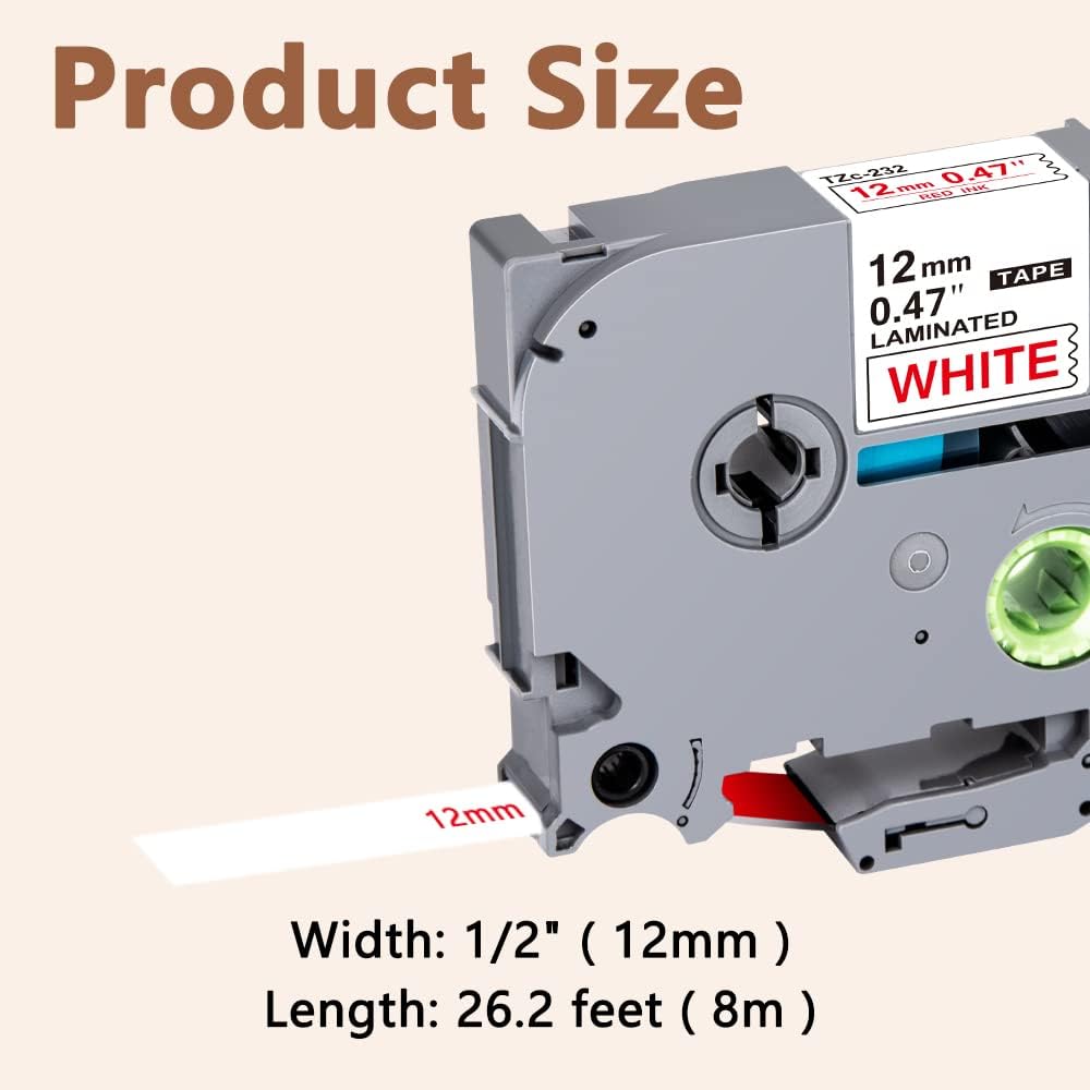 Hehua Tze Tz Tape 12mm 0.47 Laminated White Compatible for Brother P-Touch TZe-232 TZe232 TZ-232 TZ232 Tape for Ptouch PT D210 D200 D220 D610 H110, 1/2'' x 26.2ft Red on White, 3 Pack