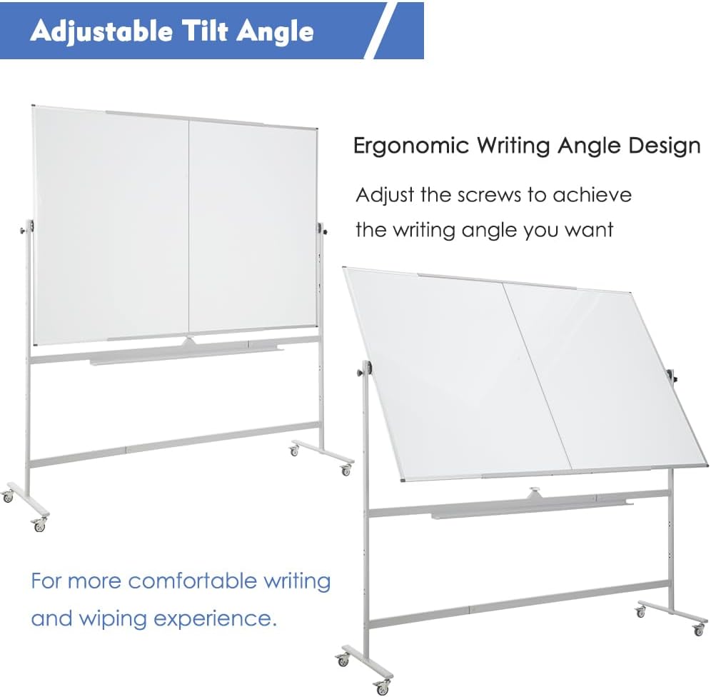 FORTUNO Magnetic Mobile Whiteboard 48"x36", Rolling Double Sided Dry Erase Board with Stand, Reversible Adjustable Height/Angle Easel White Board on Wheels 4' x 3' for Office Classroom Home