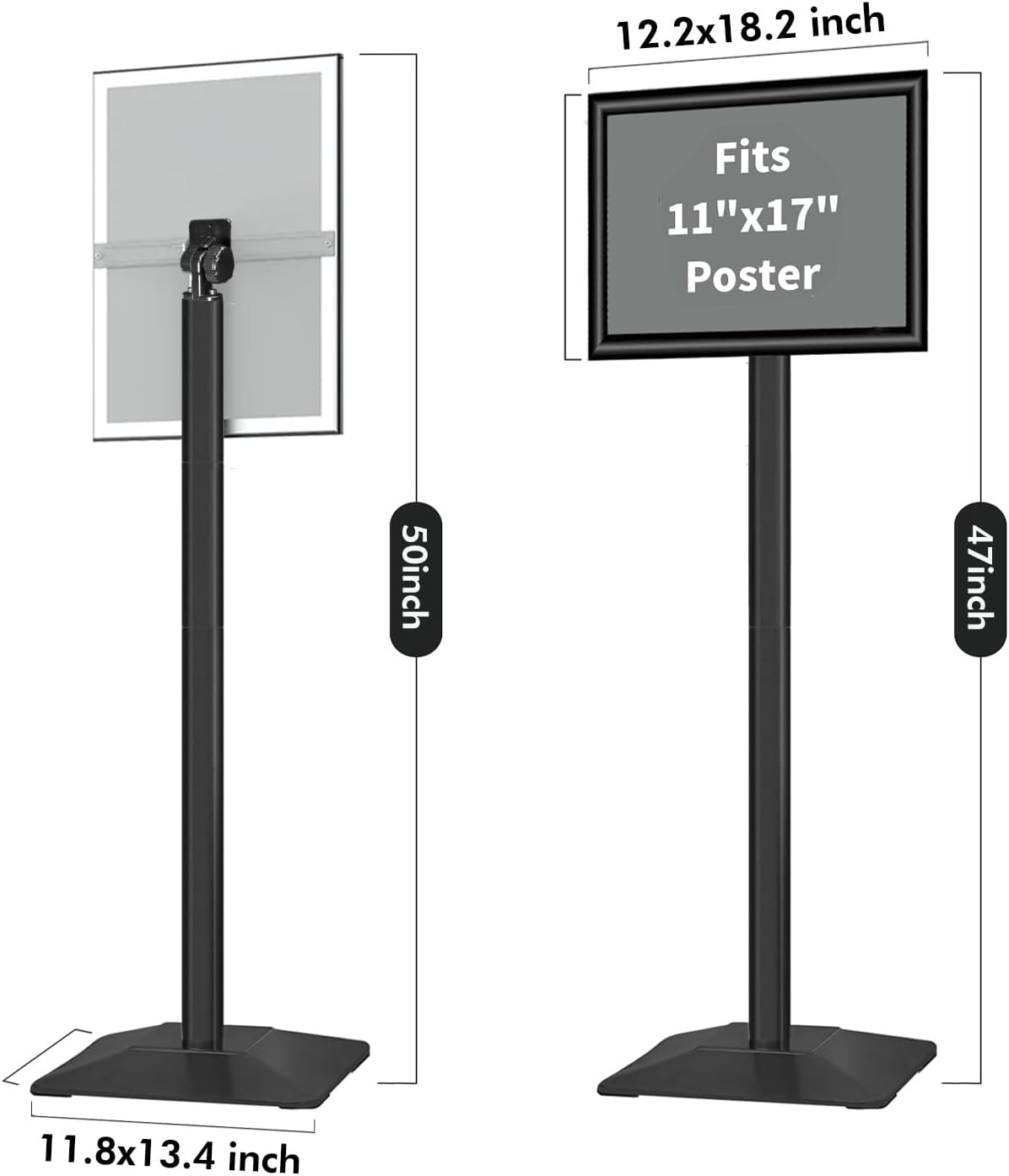 Heavy Duty Adjustable Pedestal Poster Sign Stand, 11x17 Aluminum Open Floor Standing Sign Holder for Vertical and Horizontal View Display, Black