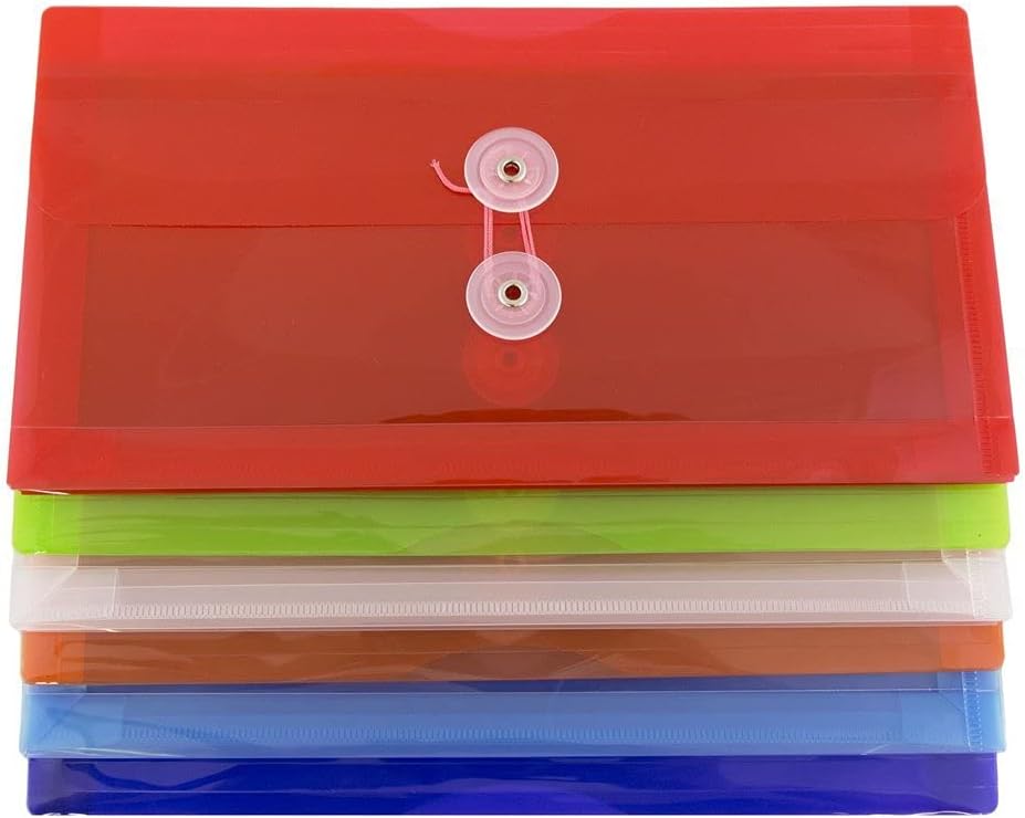 JAM PAPER Plastic Envelopes with Button & String Tie Closure - #10 Business Booklet - 5 1/4 x 10 - Assorted Colors - 6/pack
