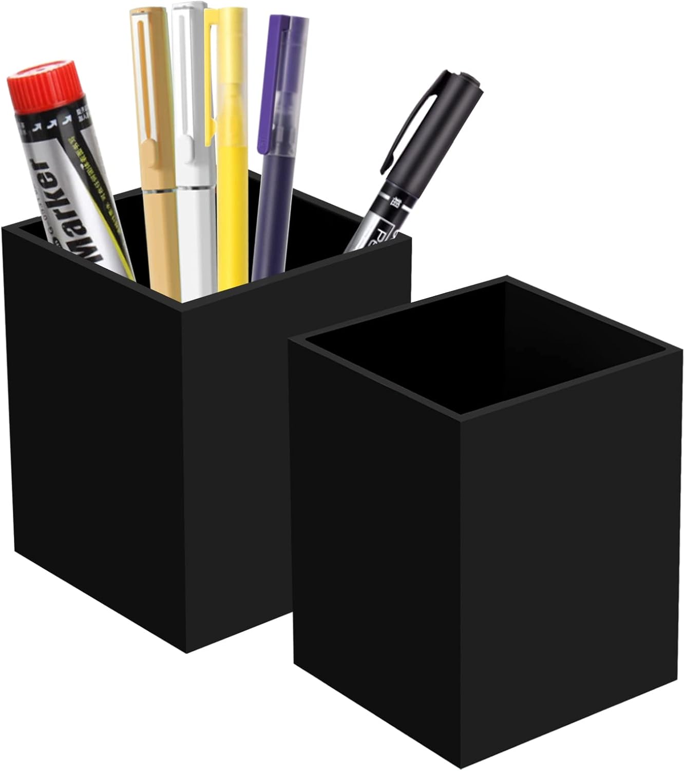 2 Pack Acrylic Pen Pencil Holder, Black Makeup Brush Holder Cup Storage Office Desktop Desk Table Stationery Organizer