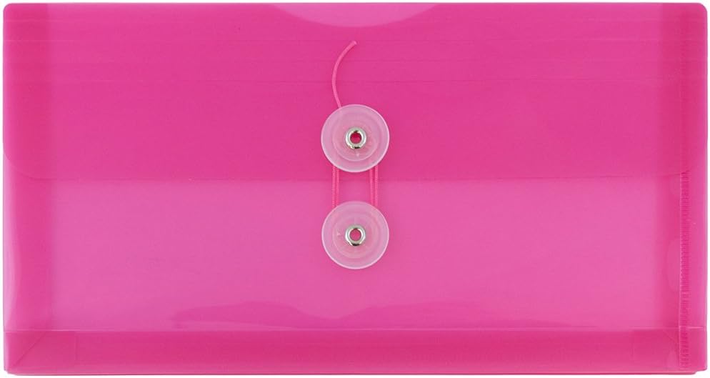 JAM PAPER Plastic Envelopes with Button & String Tie Closure - #10 Business Booklet - 5 1/4 x 10 - Fuchsia Pink - 12/Pack