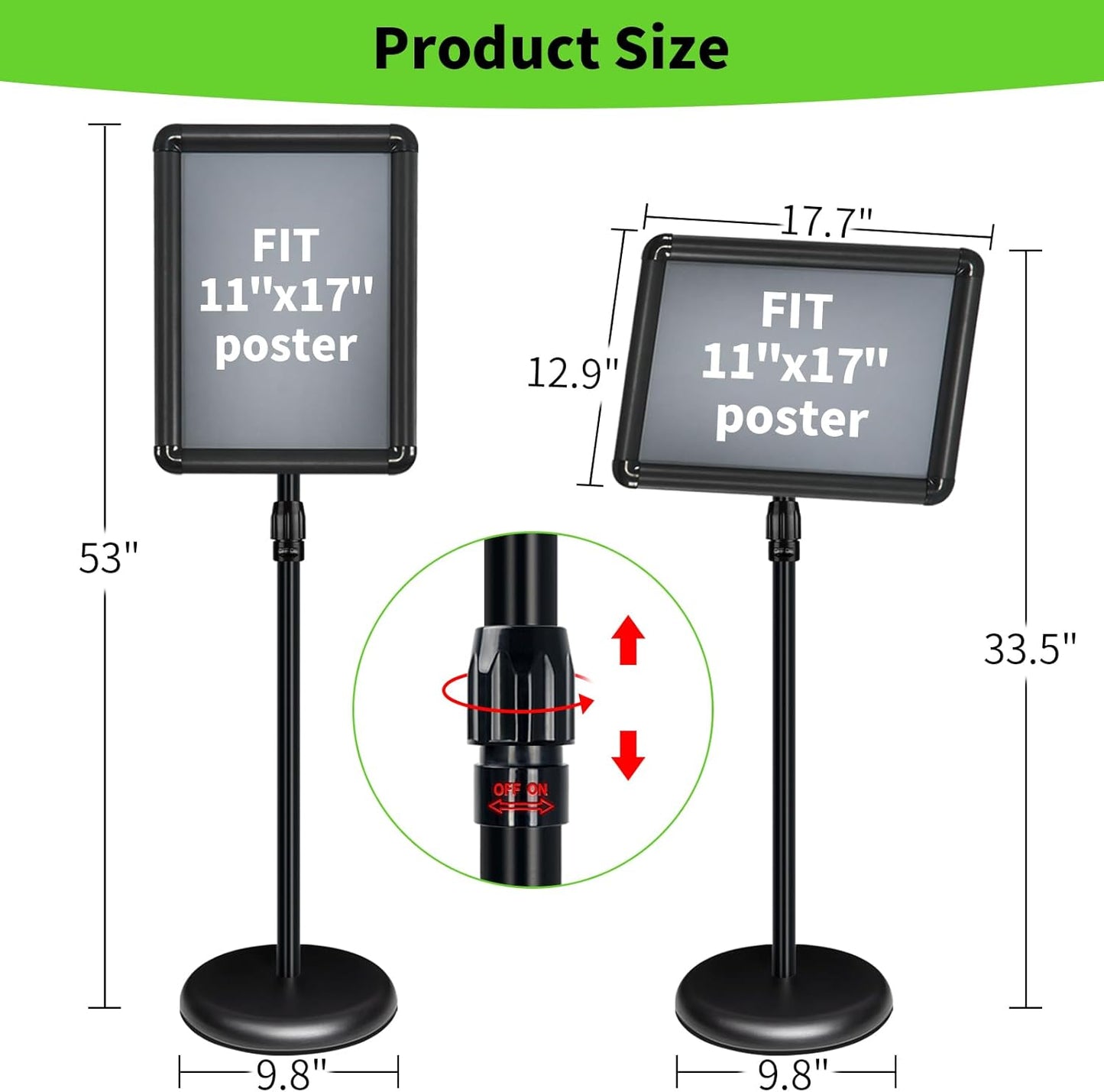 Adjustable Pedestal Sign Holder Stand 11x17Inch, Floor Standing Poster Sign Stand, Aluminum Frame for Vertical/Horizontal View Sign Stand,Outdoor/Indoor Standing Sign Holders(Black,Round)