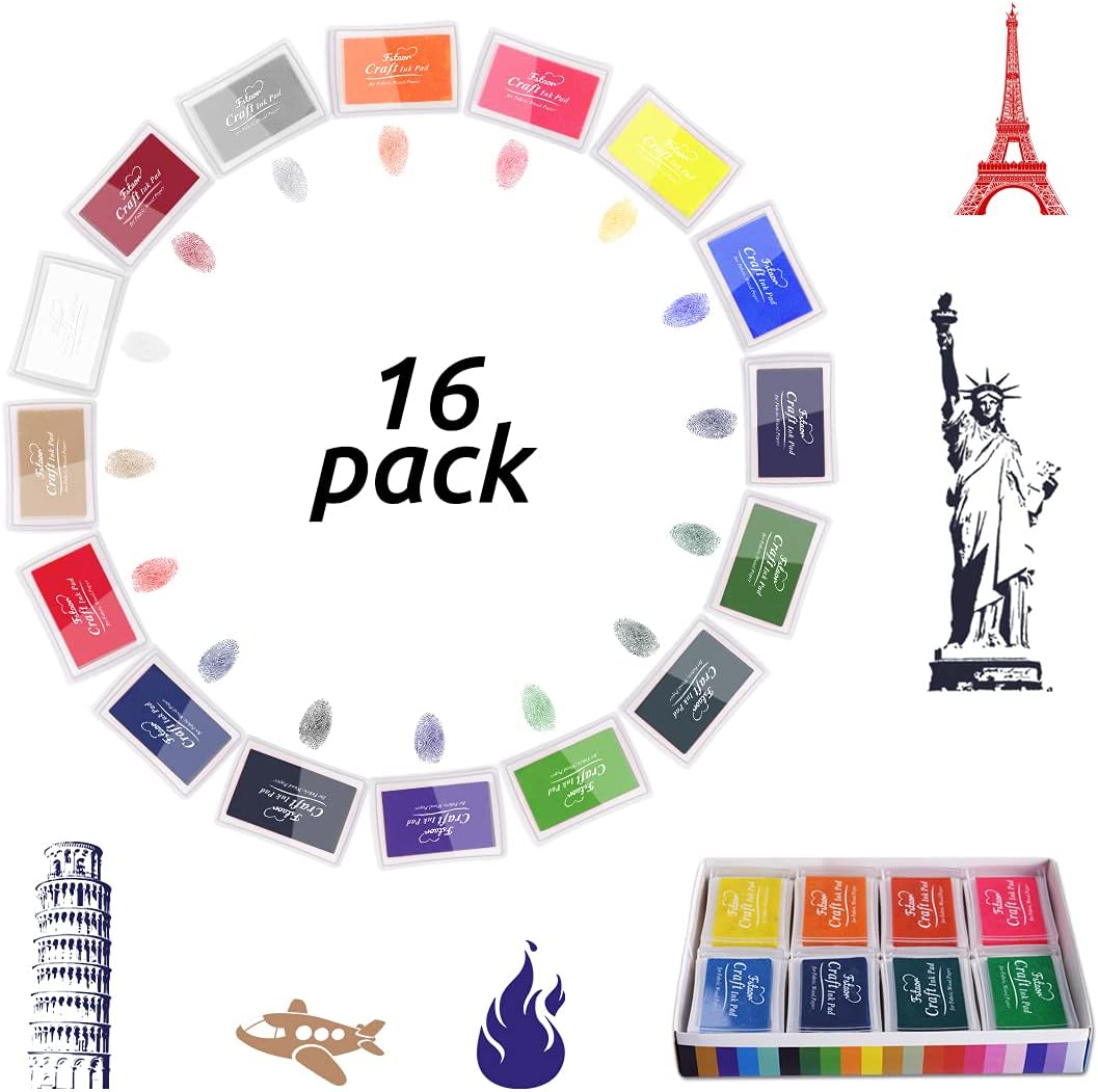 Fstaor 16 Colors Washable Stamp Ink Pads for Kids Crafts, Fingerprint Ink Pads for Stamps on Paper, Fabric, Wood & DIY Art Projects (16 Pack)