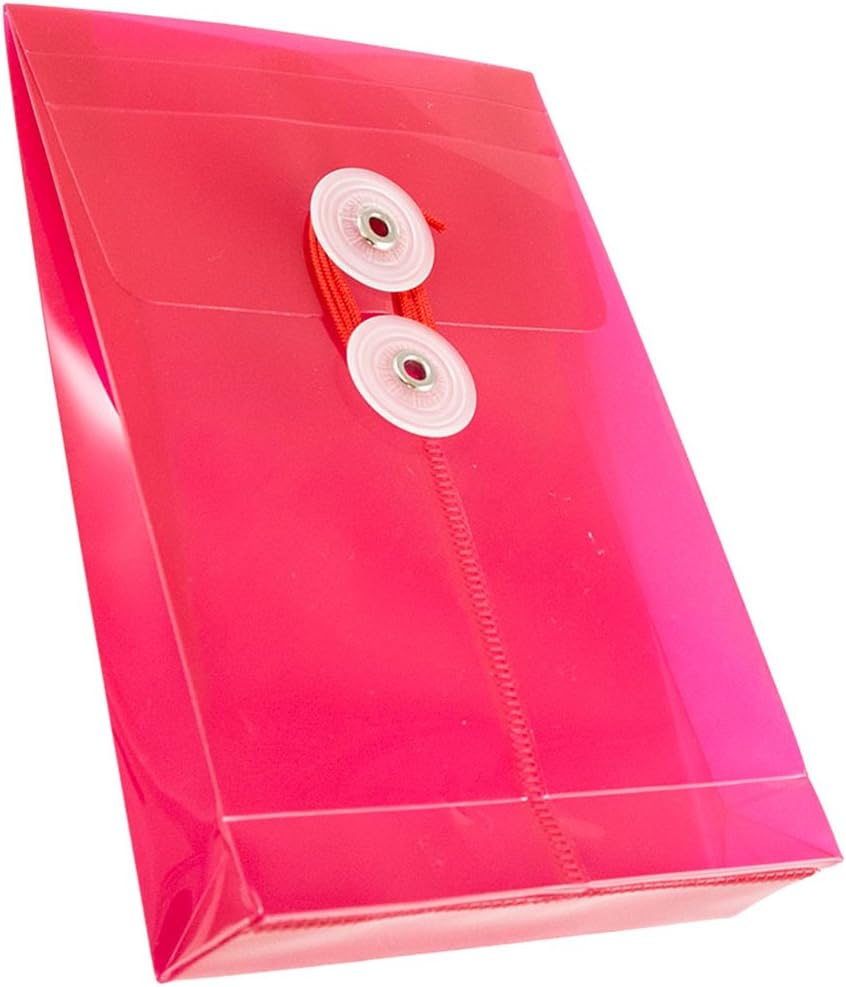 JAM PAPER Plastic Envelopes with Button & String Tie Closure - 4 1/4 x 6 1/4 - Pink - 12/Pack