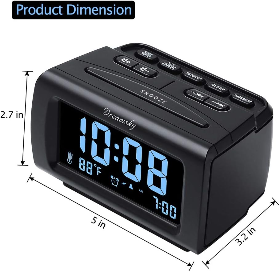DreamSky Alarm Clock Radios for Bedrooms with Battery Backup, Large Big Numbers with Brightness Dimmer, USB Port, Bedside Digital FM Radio with Sleep Timer, Temperature, Adjustable Volume, Snooze
