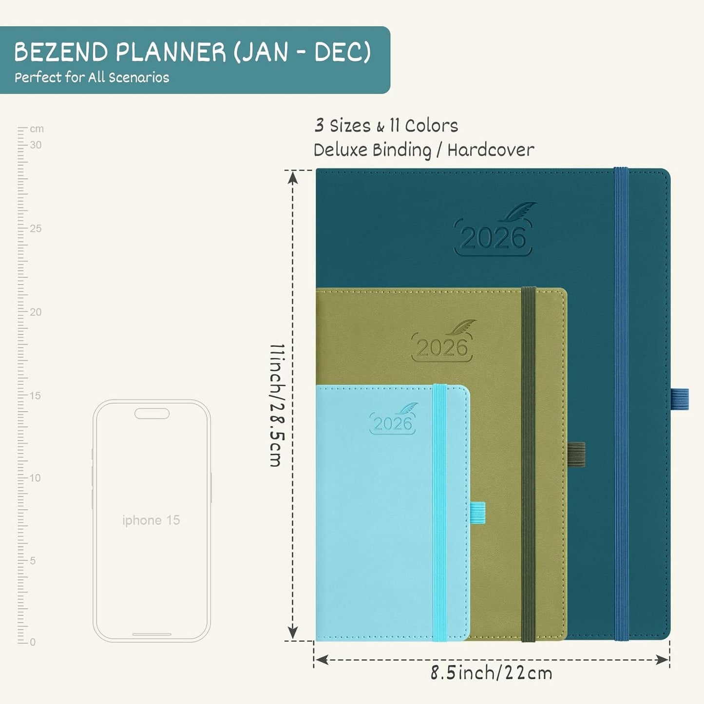 BEZEND 2026 Planner Weekly and Monthly (8.5" x 11") Daily Calendar with Half-Hourly Timeslots & Tab (Jan-Dec) Note & Expenses, Pen Holder, Inner Pocket, Vegan Leather Hardcover - Sky Blue
