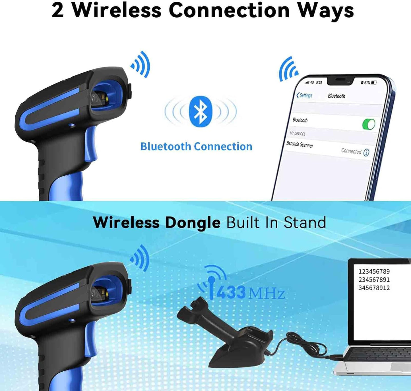 Alacrity Wireless Charging Barcode Scanner, 1D/2D Symbologies, Global Shutter Scan Sensor, Long-Distance 433MHz Wireless & Bluetooth Connectivity, Industrial Shock and Dust-Proof Barcode Reader, Blue