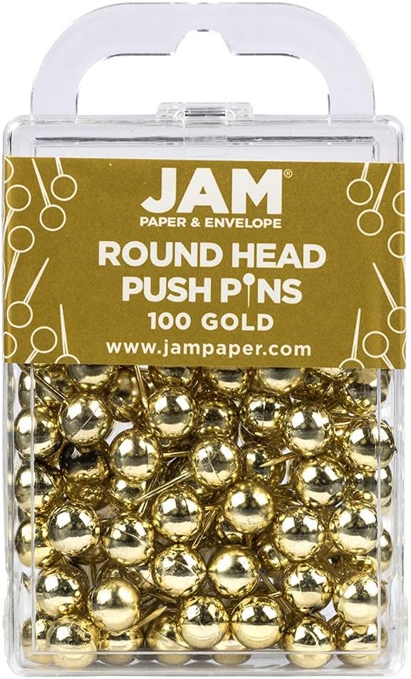 JAM PAPER Colorful Push Pins - Round Head Map Thumb Tacks - Gold Pushpins - 100/Pack