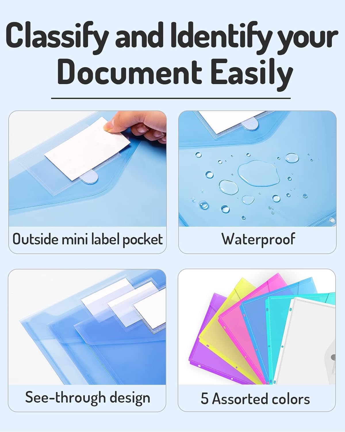 Forvencer Binder Pocket, 4X Regular Capacity, 5 Pack Super Heavyweight Plastic Folders with Tight Closure, Folders with Pockets Side Loading, Binder Organizer, Binder Dividers, Letter Size, Extended