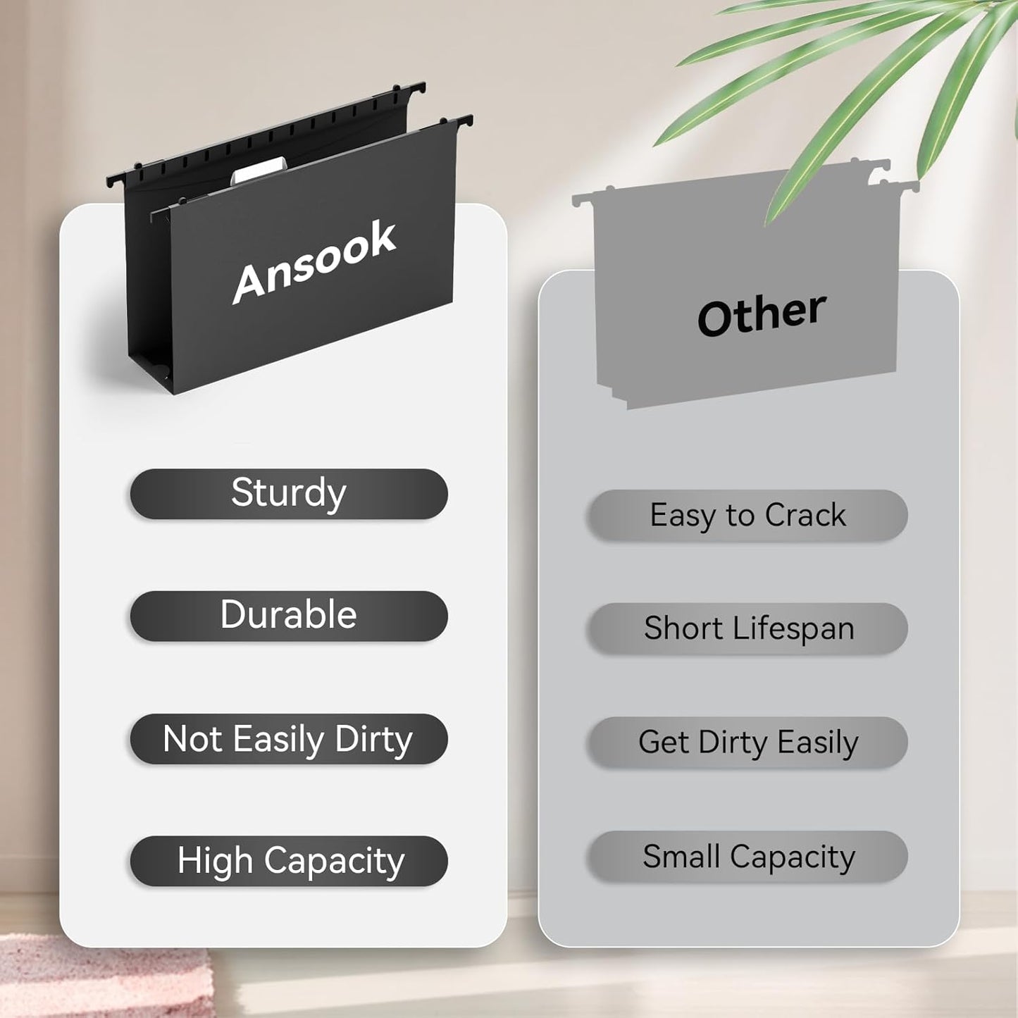 ANSOOK Plastic Legal Size Hanging File Folders, 3 Inch Reinforce Expanding File Folder,12 Pack Black Folders,File Cabinet Folders with Insertable Tabs,Accordion File Organizer for Office Home School