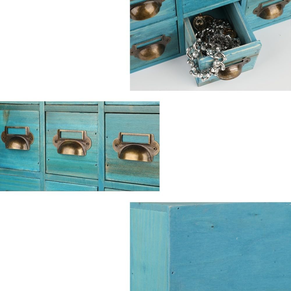 Apothecary Drawers Card Catalog Cabinet with 14 Drawers Wooden Card Catalog Wooden Storage Box for Desktop Organizer (Blue)