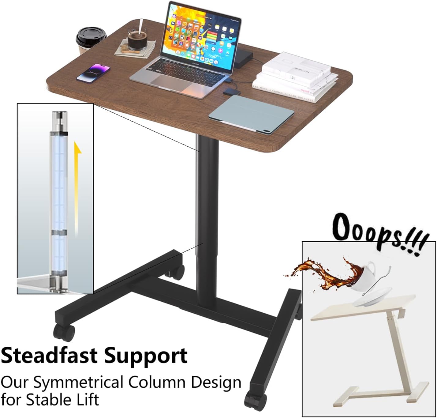 28-Inch Mobile Standing Desk Adjustable Height with Cup Holder, Portable Standing Desk with Lockable Wheels, Rolling Table for Home Office Classroom Hospital (Walnut)