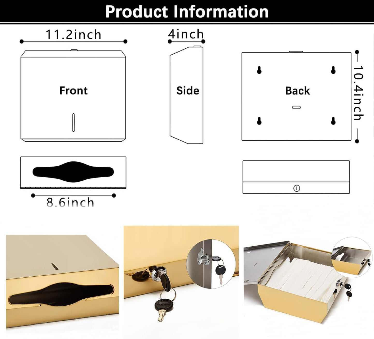 Comercial Paper Towel Dispenser Wall Mount, Stainless Steel Hand Towel Dispenser with Lock, Trifold/C Fold Paper Towel Holder for Bathroom Kitchen Office Public Places, Large Capacity Tissue Holder