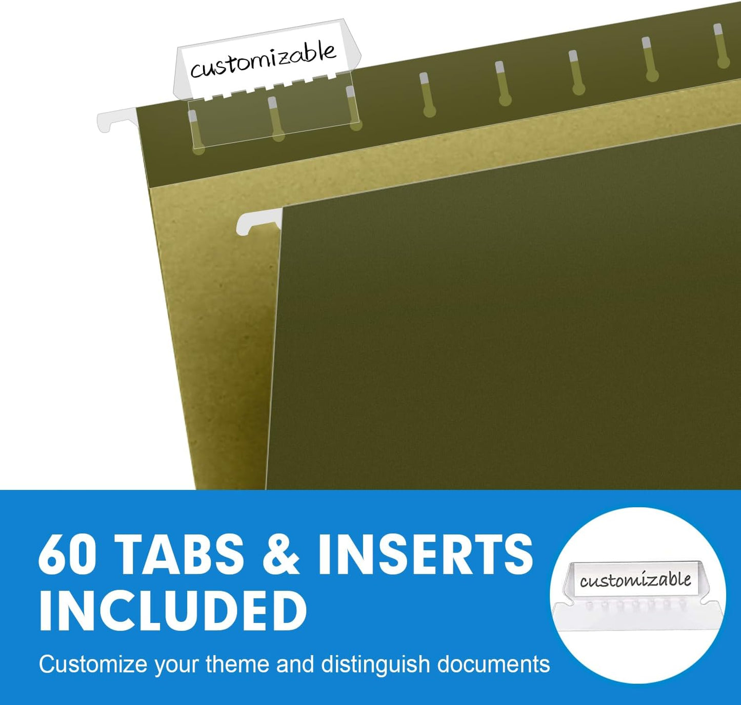 Hanging File Folders, RAZCC 60 Pack Reinforced Hanging Folders Letter Size, Designed for Bulky Files, Filing Cabinet, Adjustable Tabs, Green