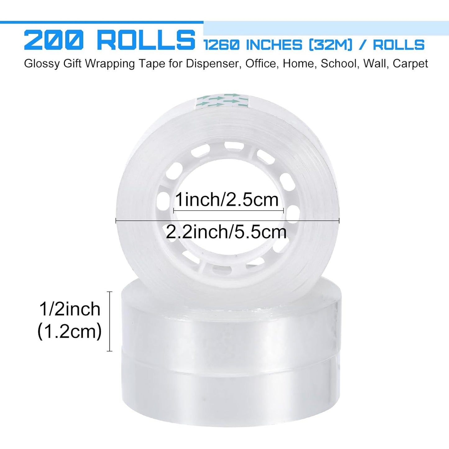 Jetec 200 Rolls Clear Tape Bulk Transparent Invisible Tape Refills 1/2 x 1260 Inches Glossy for Gift Wrapping Dispenser Office School Home Use Gift Wrap Desk Supplies