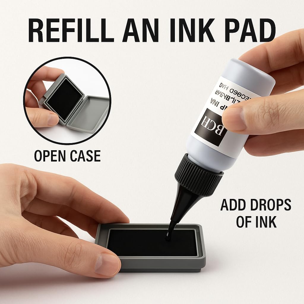 BCH Premium Oil-Based Stamp Ink Refill – 20ml (0.68 oz) Black Ink for Pre-Inked Rubber Stamps, Gel Pads & Dot Matrix Ribbons – Quick-Dry Refill for Address, Date, Notary & Signature Stamps