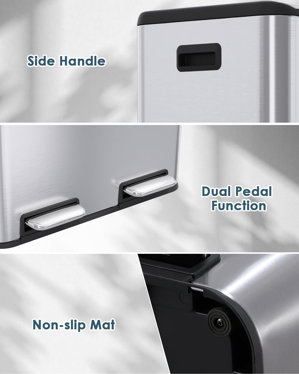 Arlopu 16Gal Dual Trash Can w/2 Built-in Box for Odor Control, Hands-Free Kitchen Garbage Bin, Recycle Waste Dustbin, Soft-Close Lid, 2 Buckets,Foot Pedal, Side Handle, Airtight,for Home Office