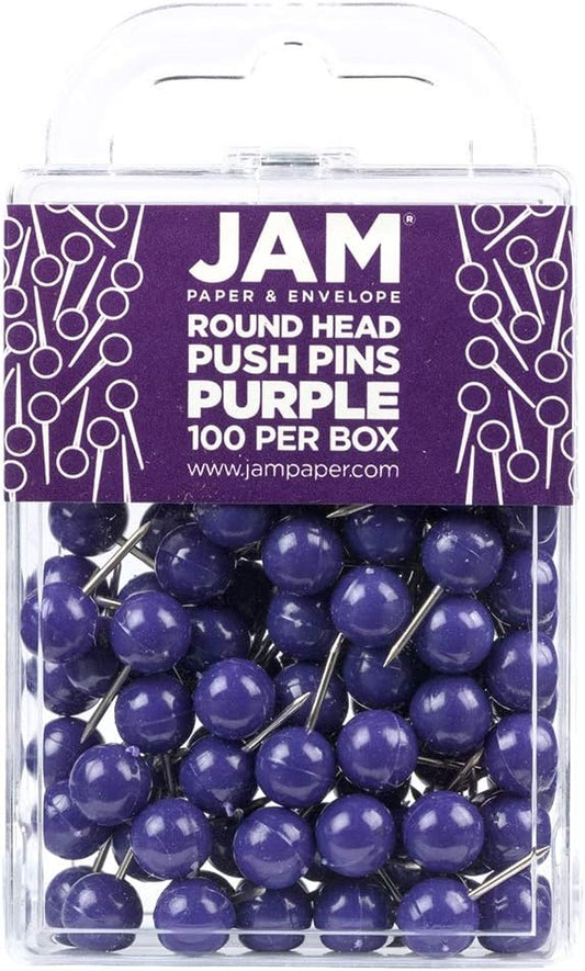 JAM PAPER Colorful Push Pins - Round Head Map Thumb Tacks - Purple Pushpins - 100/Pack