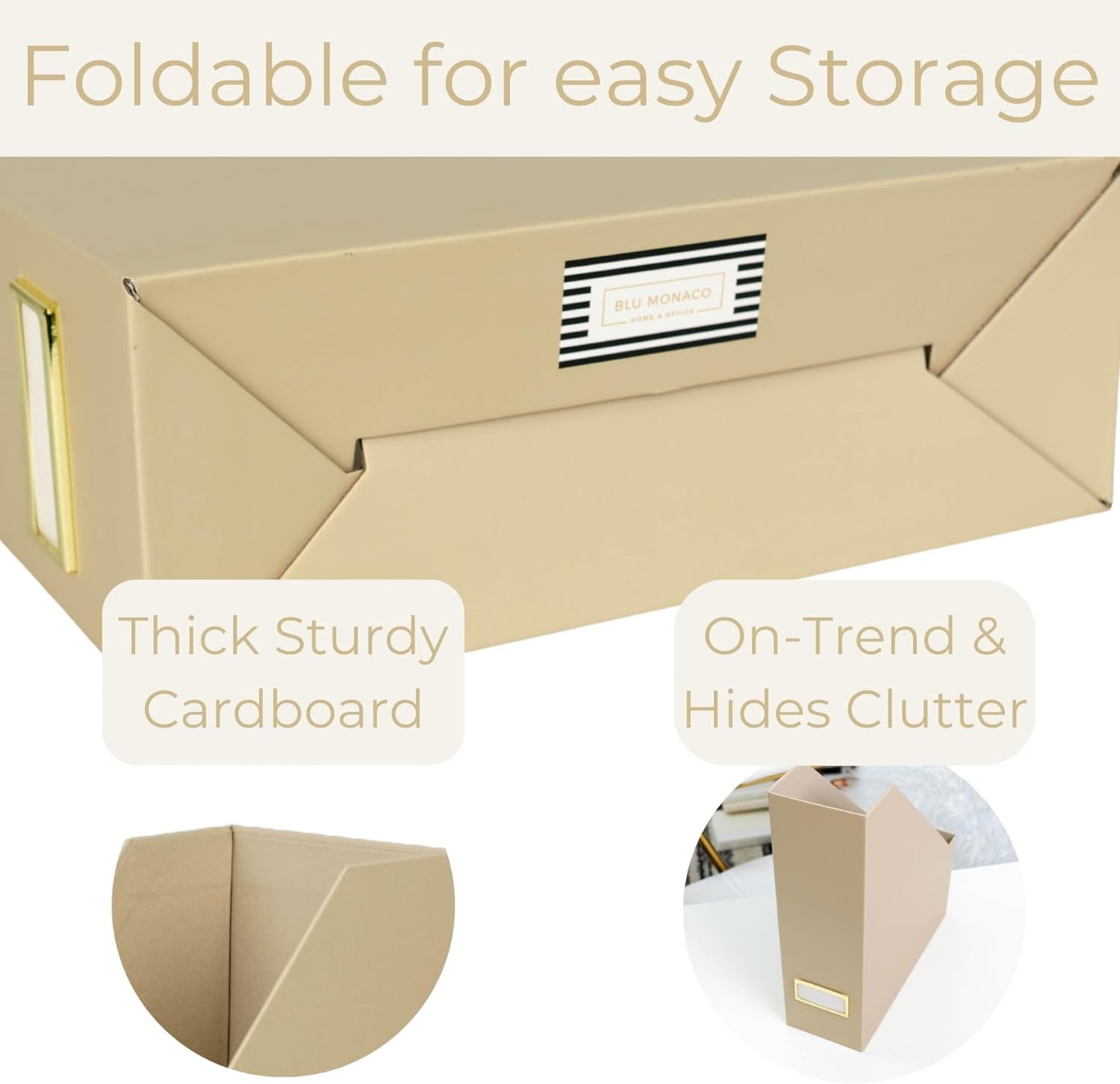 BLU MONACO Set of 6 Foldable Magazine File Holders in Taupe – Sturdy Cardboard Vertical Organizers with Label Holders – Office File Storage Box, Desk Organizer, Paperwork and Document Holder