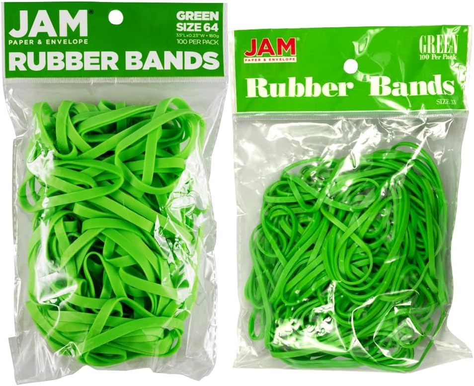 JAM PAPER Colorful Rubber Bands - Sizes 33 & 64 Set - Green Multi-Purpose Rubberbands - 200/Pack