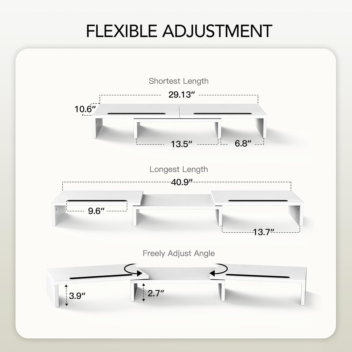 AMERIERGO Dual Monitor Stand Riser- 3 Shelf Screen Stand with Adjustable Length and Angle, 2 Extra Functional Slot Desktop Organizer Stand for PC, Computer, Laptop (White)