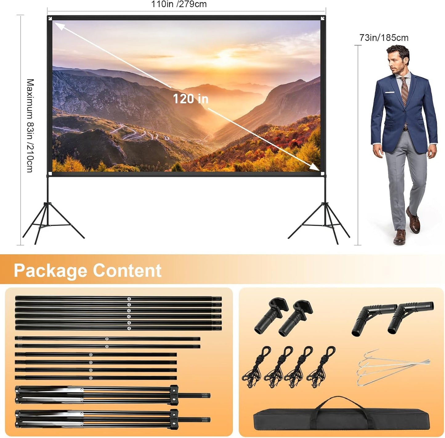 120 Inch Projector Screen with Dual Tripod Stands, 16:9 4K HD Foldable Anti-Crease Portable Outdoor Projector Screen with Stand for Movie Nights, Backyard, Indoor Home Theater, Large Projection Screen