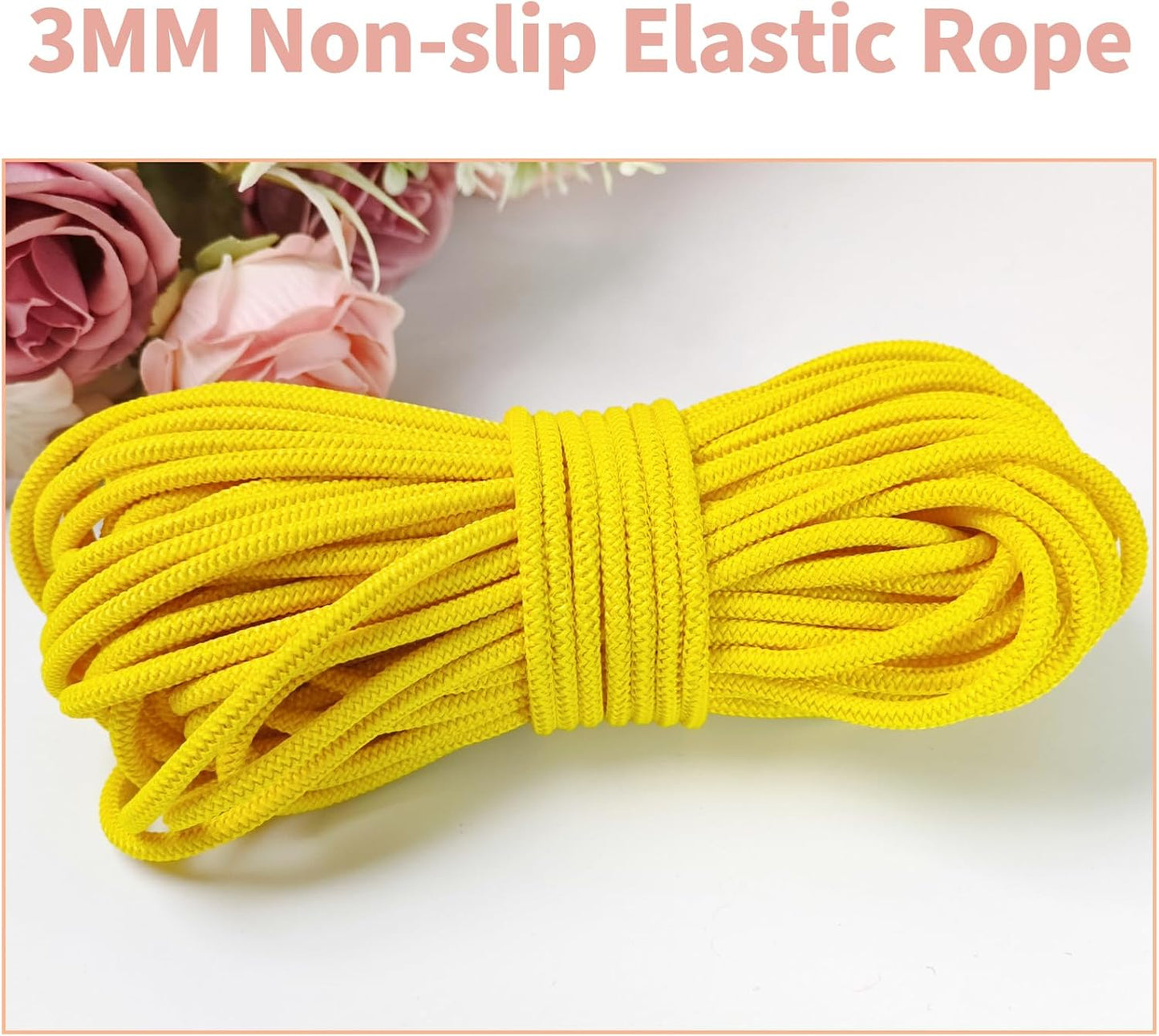 1/8 inch Non-Slip Elastic Band -3mm 15 Yards Soft Elastic Cord Stretch String Braided Thread for Sports Gear, DIY Crafts, Hair Bands, Shoelaces,Apparel Making & Camping Tie Down (Yellow)