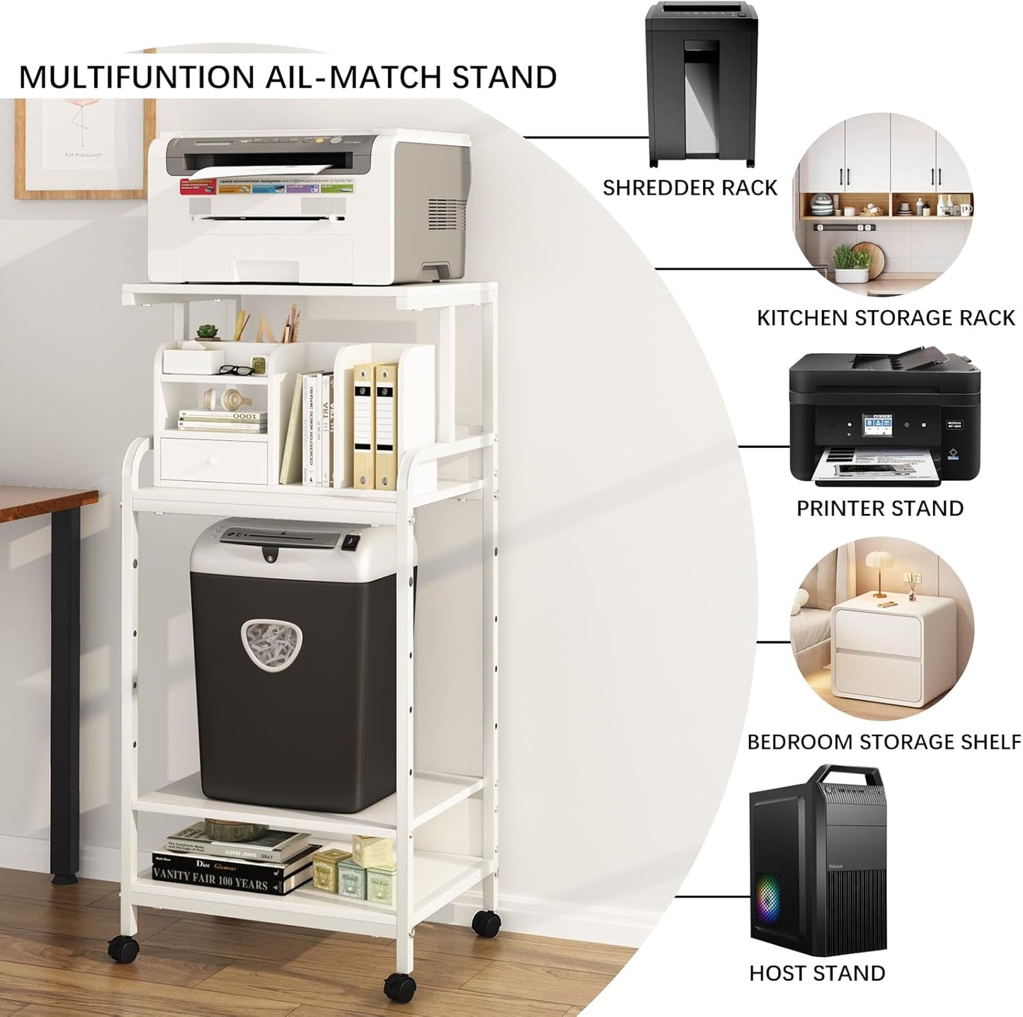 4 Tier Printer Stand with Storage Shelf, Large Tall Printer Cart with Wheels, Mobile Printer Table for Home Office, Adjustable Stands for Printer Heat Press Scanner Fax (White)