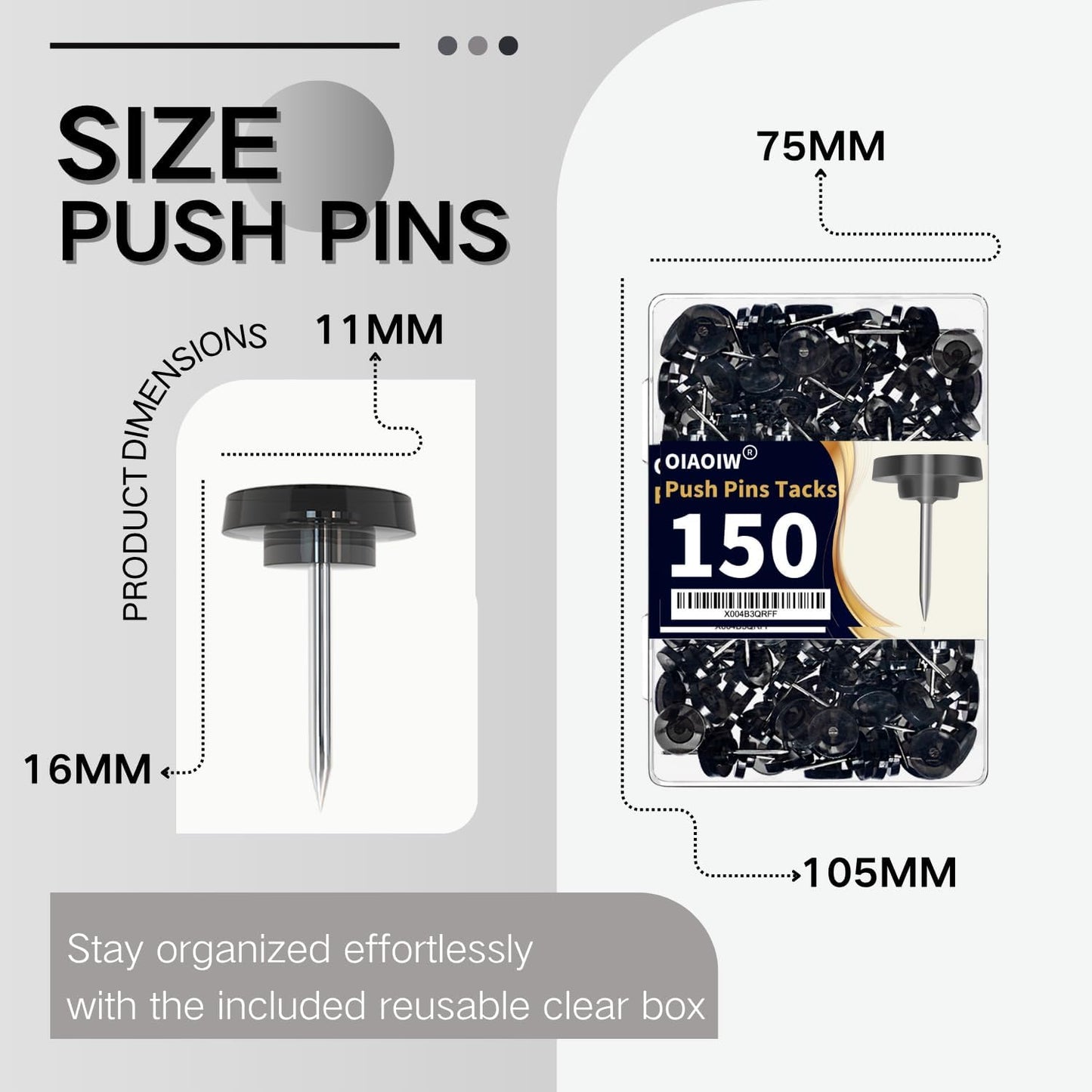 150 PCS Flat Black Push Pins for Wall Clear Thumb Tacks for Walls Flat thumbtacks Push pin for Bulletin Board Shadow Box Display Thumbtack for Cork Board