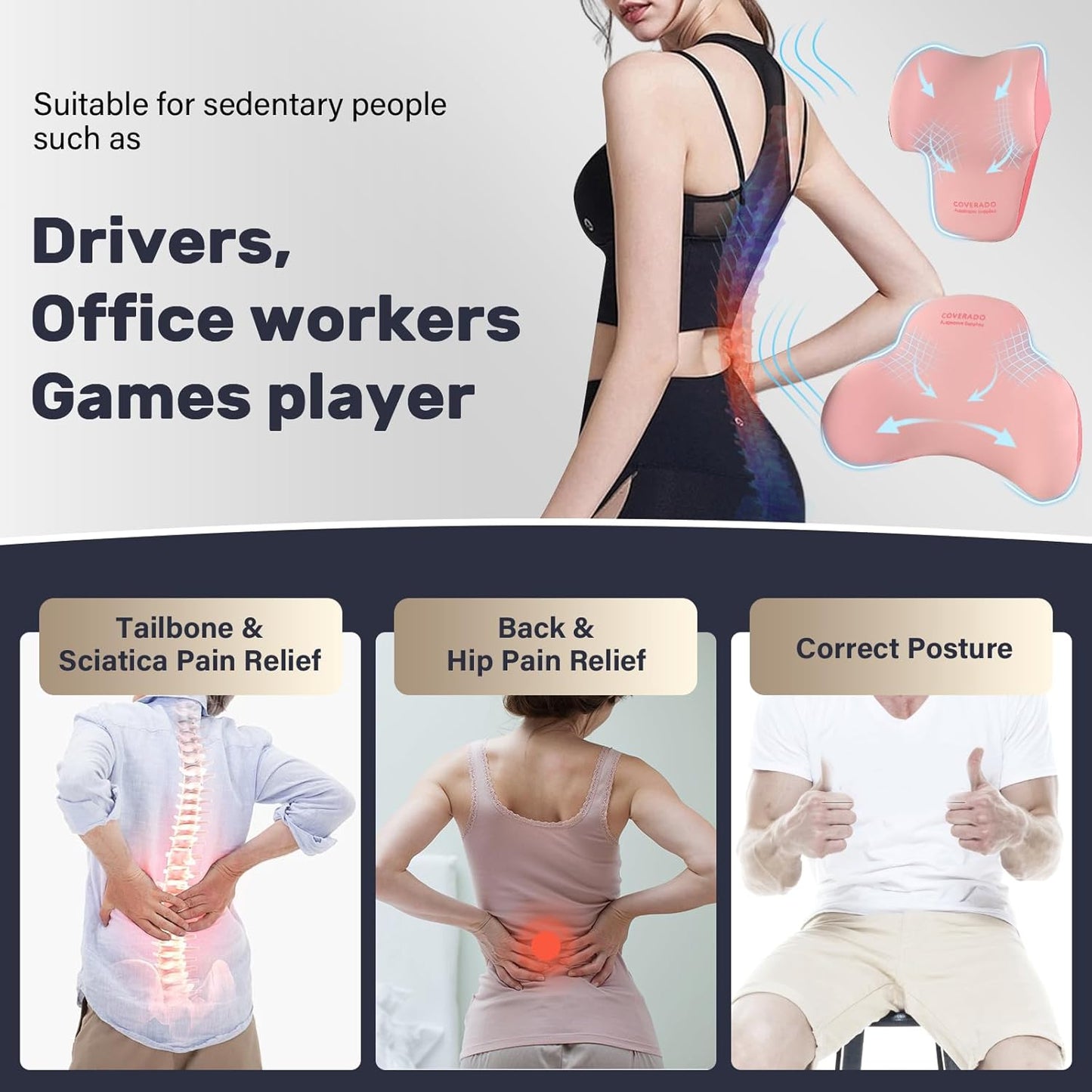 Coverado Lumbar Support and Car Neck Pillow, Ergonomic Memory Foam Desk Chair Cushion and Headrest Pillow for Car Office Chair, Sciatica & Neck & Tailbone Cushion-Pink