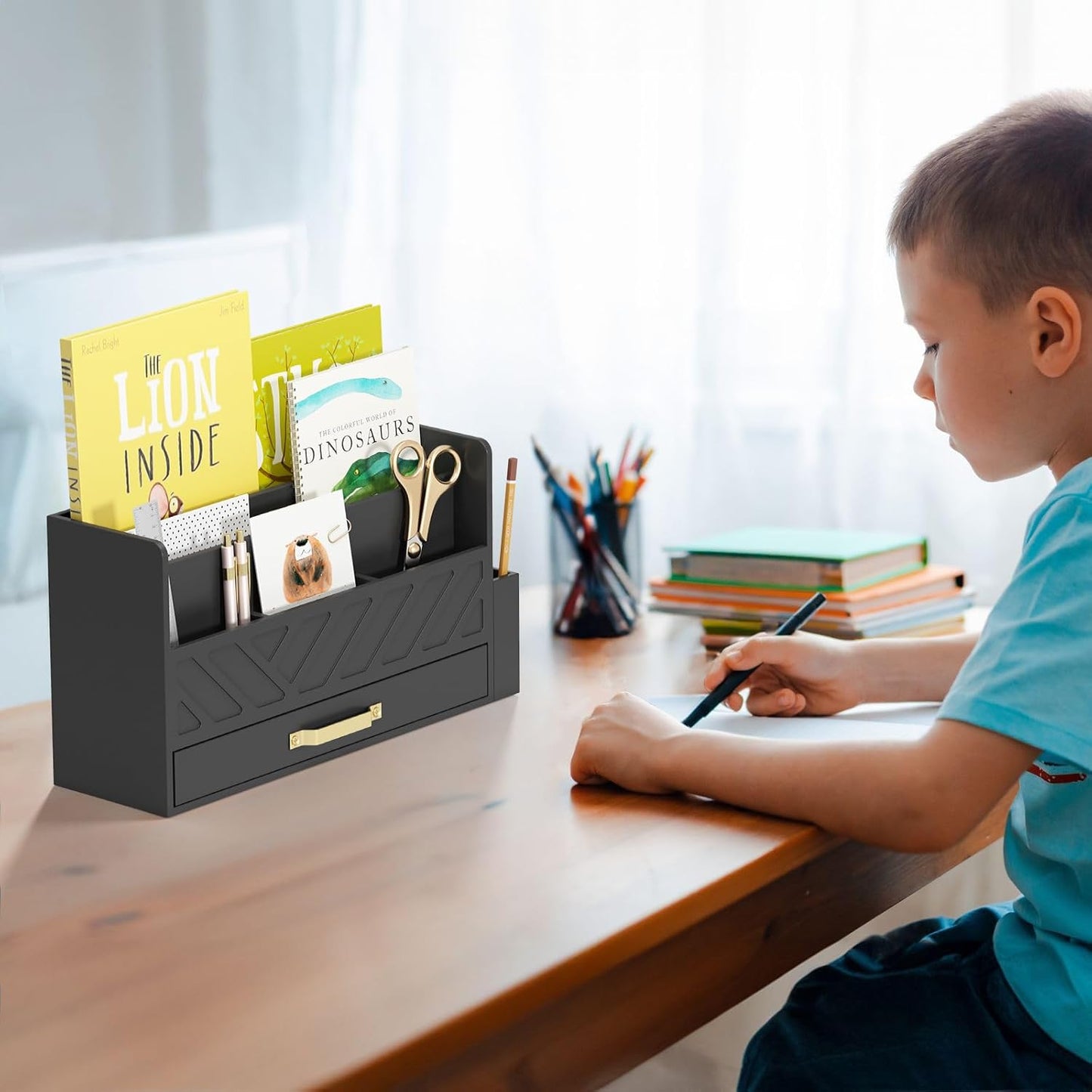 Bamboo Desk Organizer Mail Holder Countertop Wood Desk Drawer Tabletop Storage Box Pen Holder Letter Sorter Makeup Organizer for School Home Office Supplies with Pen Holder Black