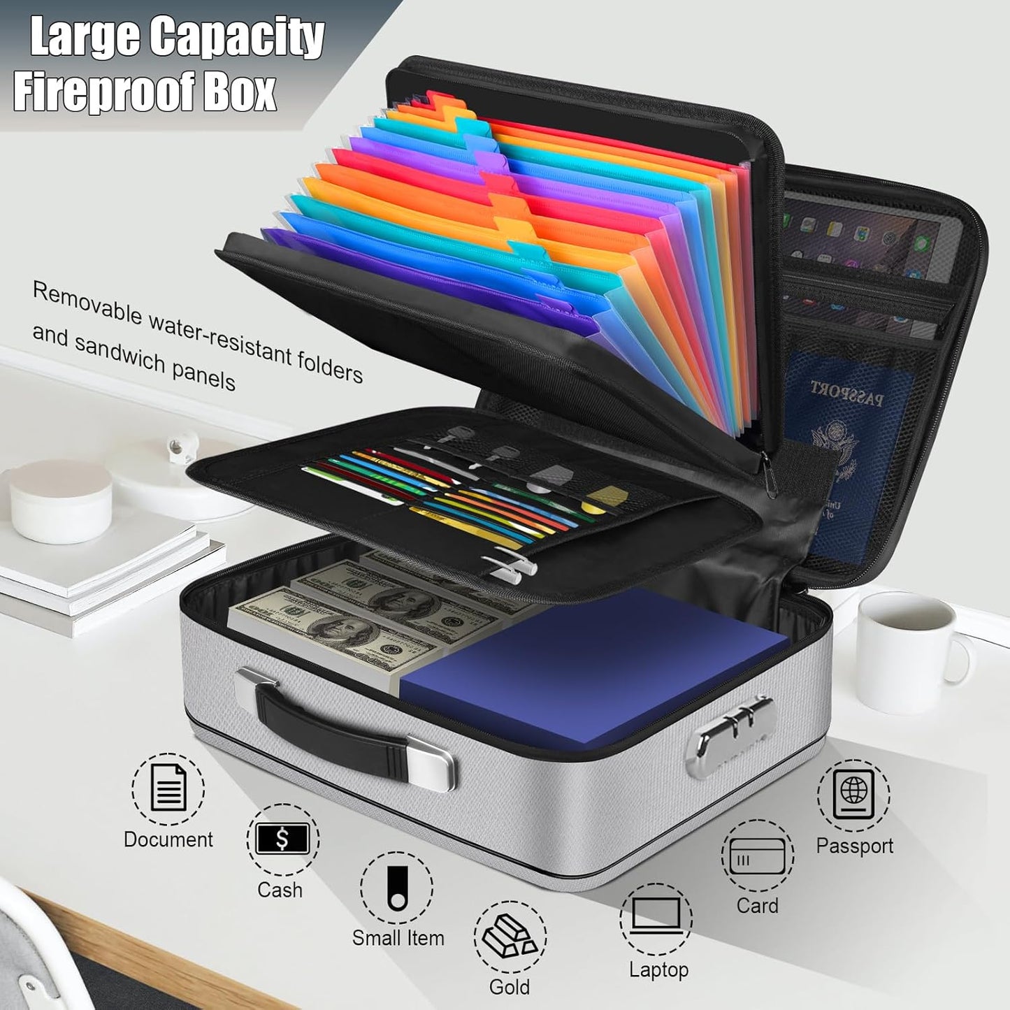 Fireproof Document Box, Hard Shell Fireproof Box, Document Organizer with Lock, Fireproof Water Resistant box, Portable Documents Safe Box for Important Document Certificates, Laptop, Passports,Silver