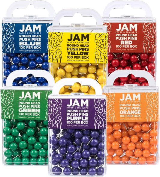 JAM PAPER Colorful Push Pins - Round Head Map Thumb Tacks - Assorted Rainbow Colors - 600/Pack
