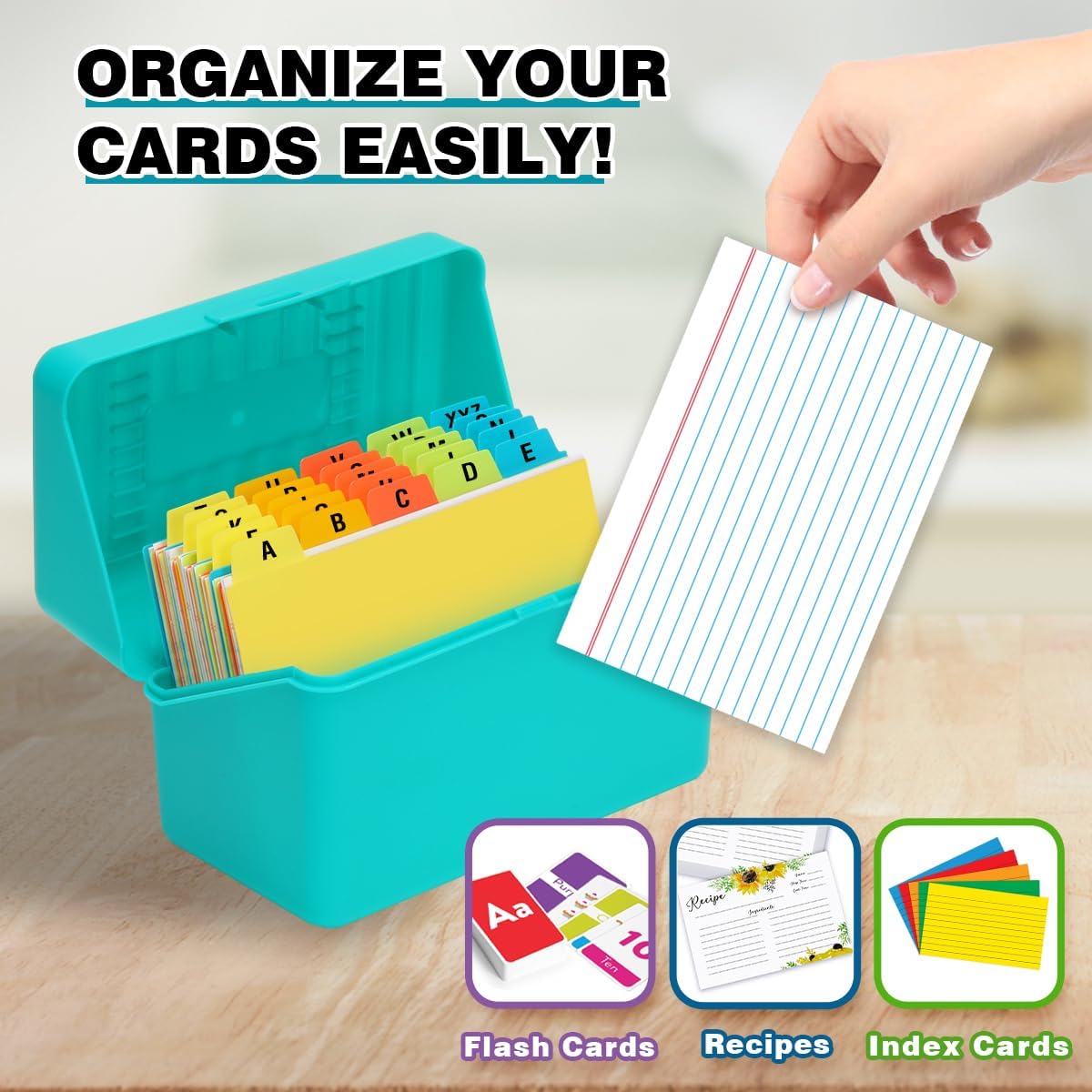 H4D 4x6 Index Card Holder with 100 Heavyweight Ruled Index Cards and 25 Plastic Dividers, Teal