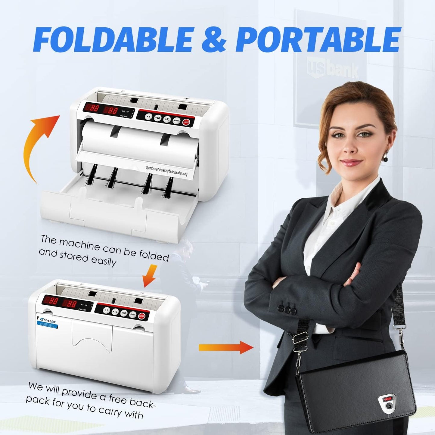 Battery Operated Bill Counter Machine, Portable Rechargeable Money Counter with UV MG Detection, 800pcs/min Counting Speed, Take Anywhere with A Backpack for Multi-Currency Or Tickets