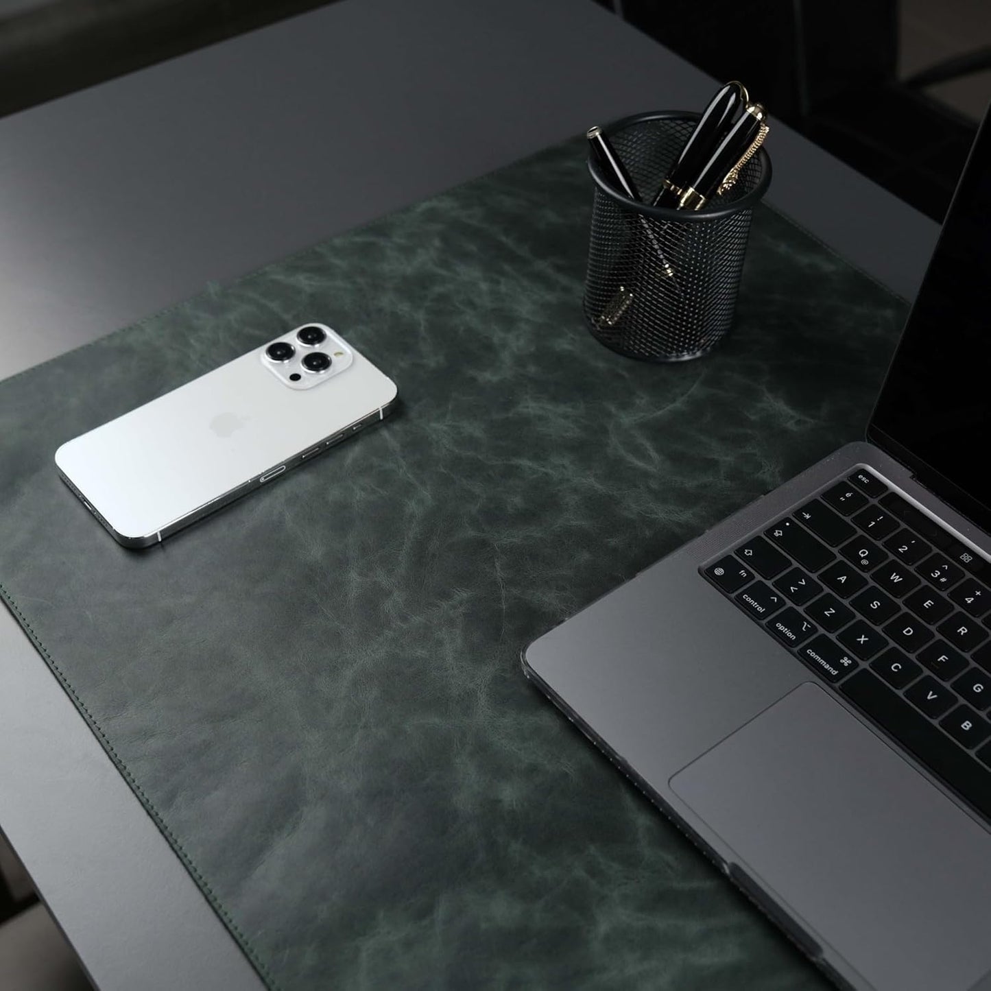 Jersey Genuine Calfskin Leather Desk Pad, Office Desk Mat with Non-Slip Bottom, Smooth Surface for Mouse & Keyboard, Desk Protector (36x19 inches) (Dark Green)