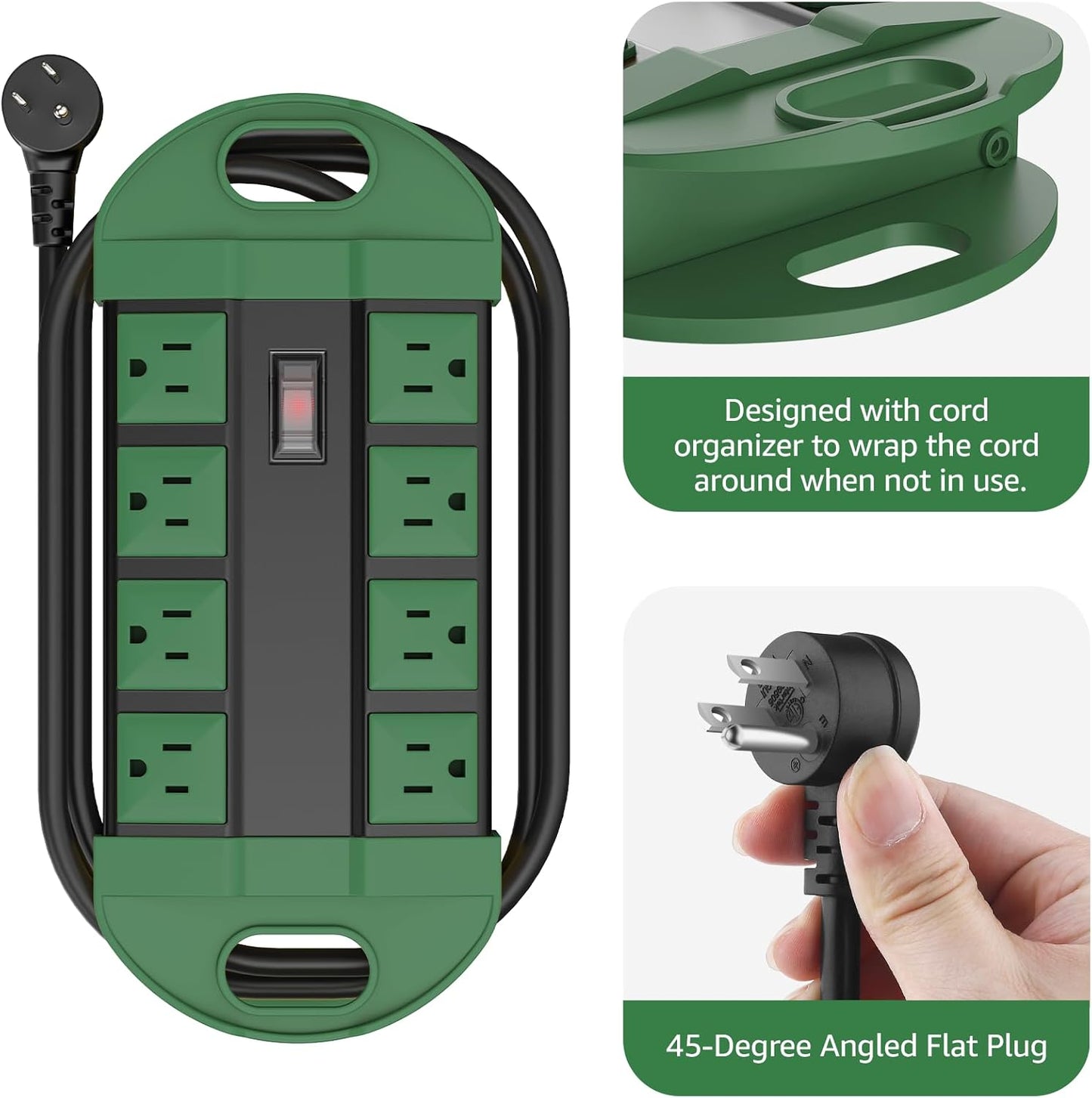 CCCEI Outdoor Power Strip Weatherproof with 8 Plug, Waterproof Extension Cord with Multiple Outlets, Christmas Exterior Garden Yard Surge Protector 15FT, Green.