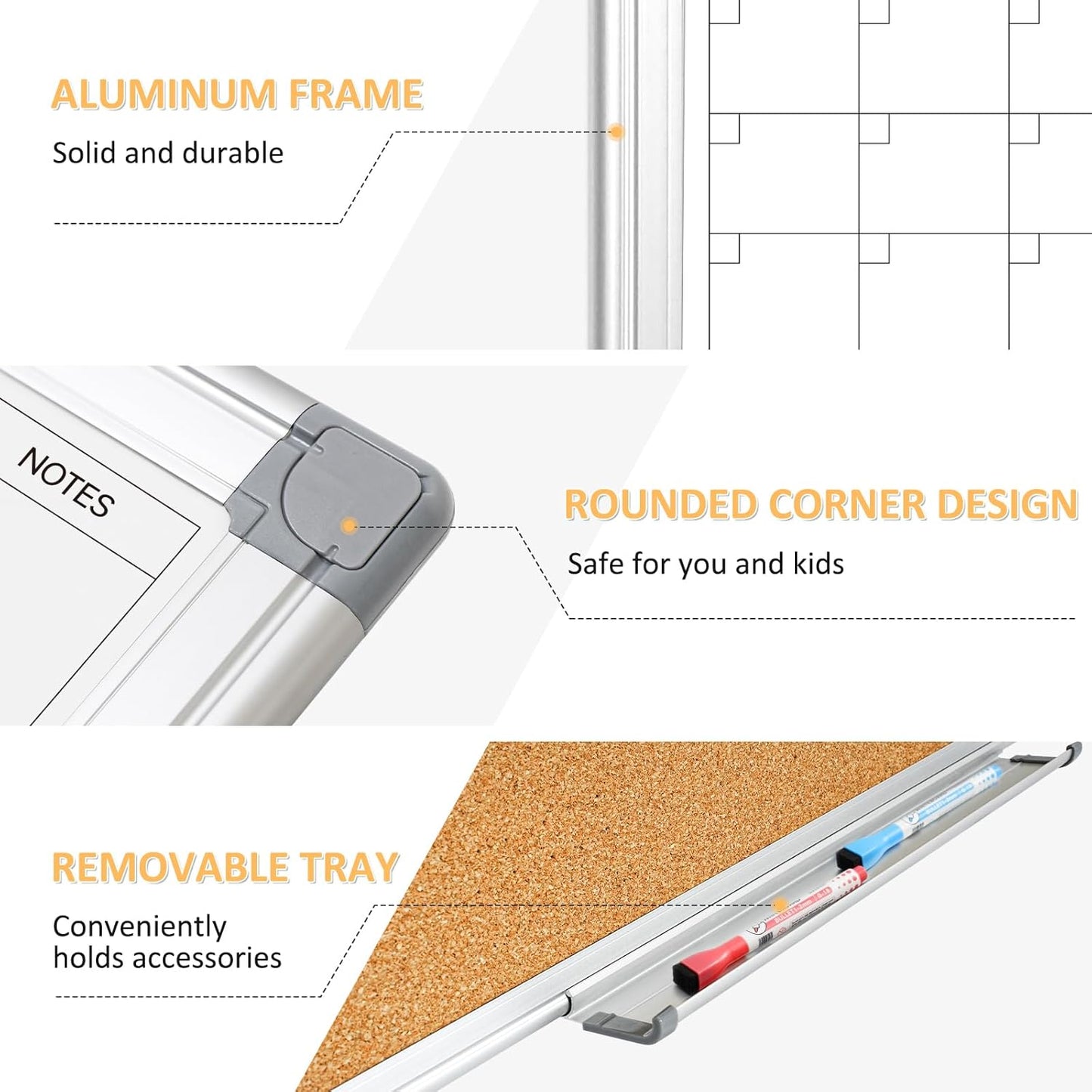 Dry Erase Calendar Whiteboard for Wall, 24"x18" Magnetic Monthly White Board Cork Board Combo, Double Sided, Aluminum Frame, Wall Hanging Wipe Board for Home, Office, School, Dorm