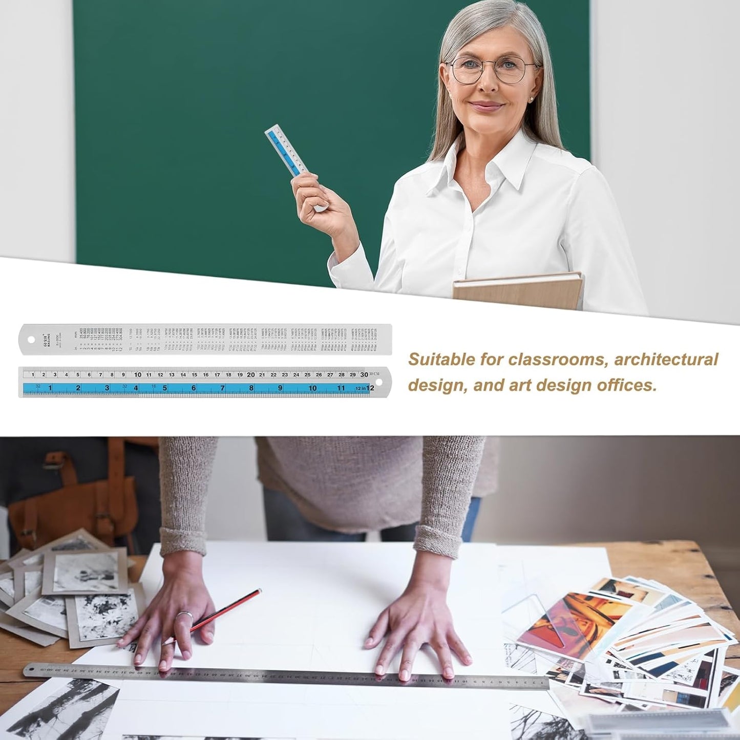 HARFINGTON 2pcs Metal Straight Ruler 30cm Metric SAE Aluminum Alloy Measuring Rulers Scale Tools with Hole for Measure Study Reading Classroom Office, Blue