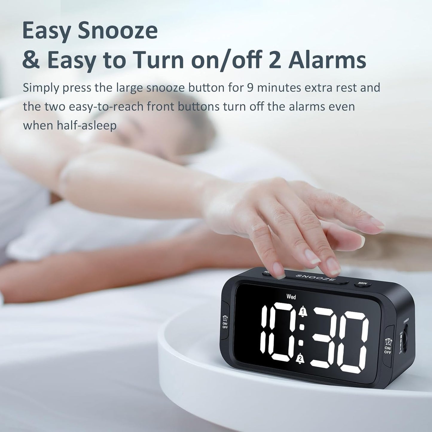 Digital Dual Alarm Clock for Bedroom, Easy to Set, 0-100% Dimmer, USB Charger, 5 Sounds Adjustable Volume, Weekday/Weekend Mode, Snooze, 12/24Hr, Battery Backup, Compact Clock for Bedside