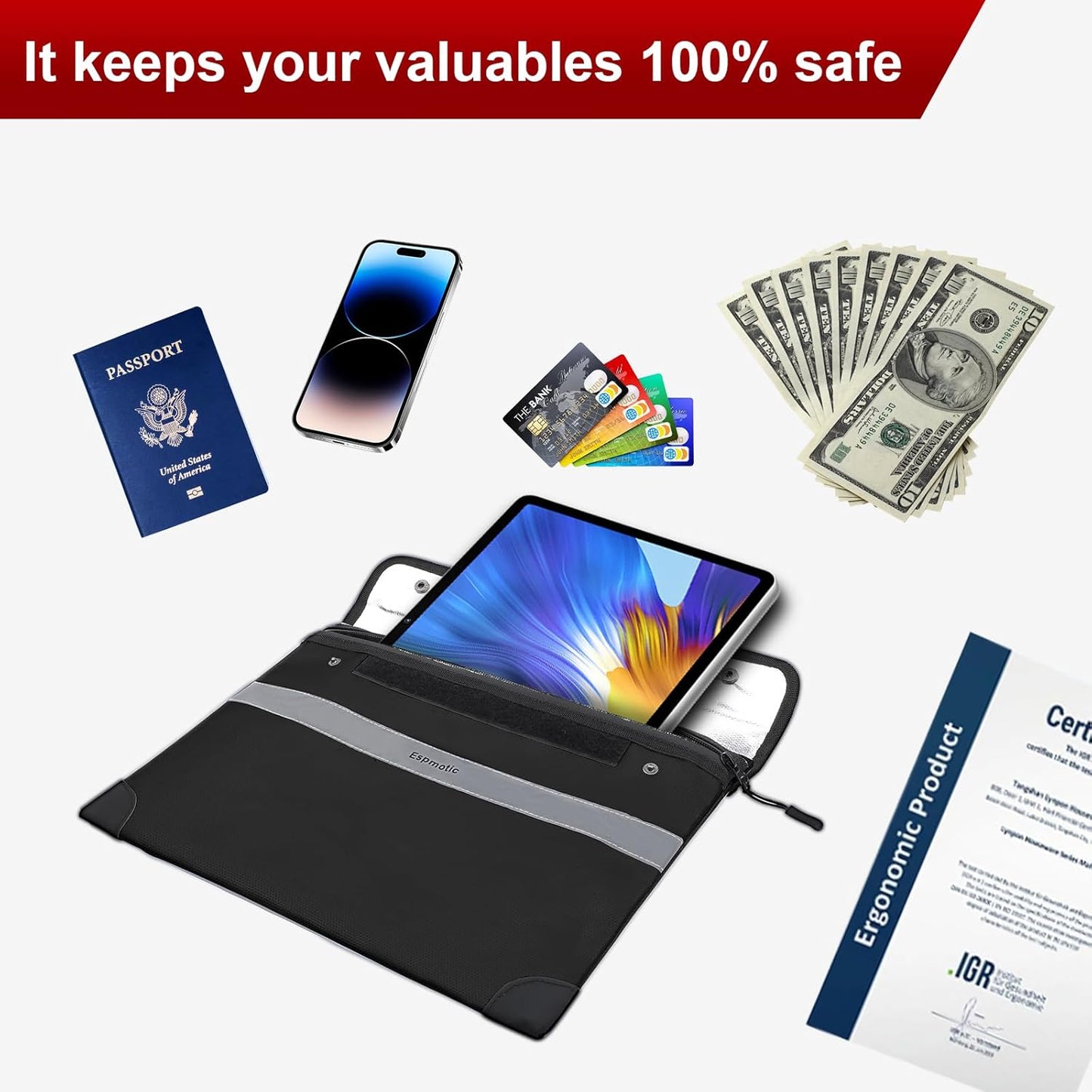 Fireproof Document Bag – 5200°F Heat-Resistant, 14.2" x 10.6" Waterproof Money Pouch with 8-Layer Protection, Zipper and Snap Closure, Reflective Strip for Quick Access, Black