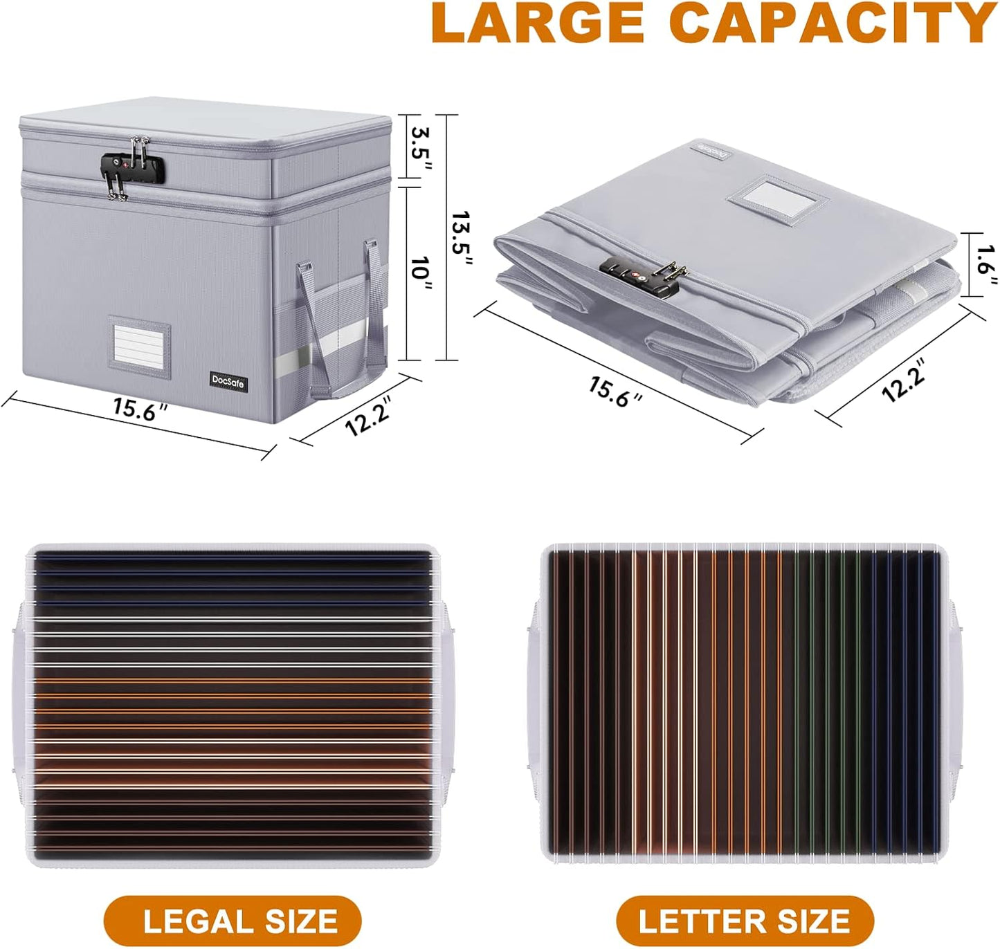 DocSafe File Box with Lock,Multi-Layer Fireproof Document Box Collapsible File Storage Organizer with Pocket,Large Portable Home Office Filing Cabinet Safe for Hanging Letter/Legal Size Folder,Silver