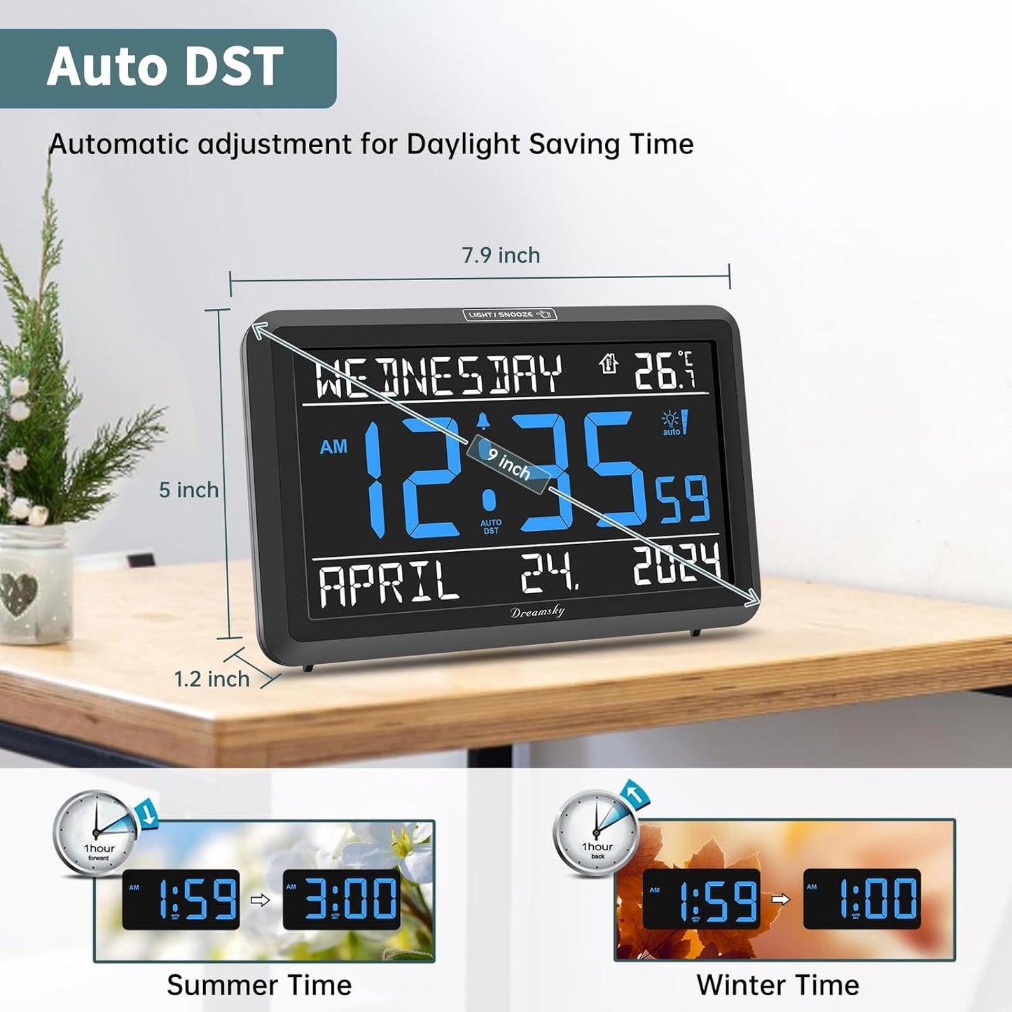 DreamSky Large Digital Clock with Date and Day of Week - Electric Desk Clock for Seniors Elderly, Bedroom Alarm Clock with Battery Backup, Dimmer, USB Port, Auto DST, Temperature, Adjustable Volume