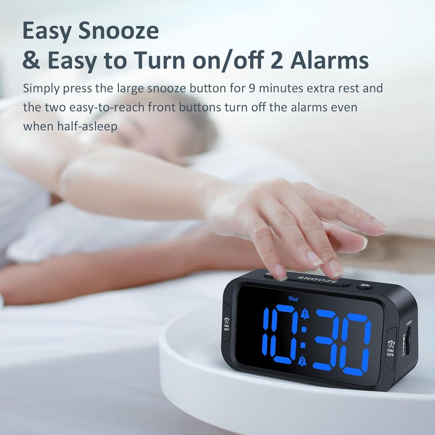 Digital Dual Alarm Clock for Bedroom, Easy to Set, 0-100% Dimmer, USB Charger, 5 Sounds Adjustable Volume, Weekday/Weekend Mode, Snooze, 12/24Hr, Battery Backup, Compact for Bedside(Blue)