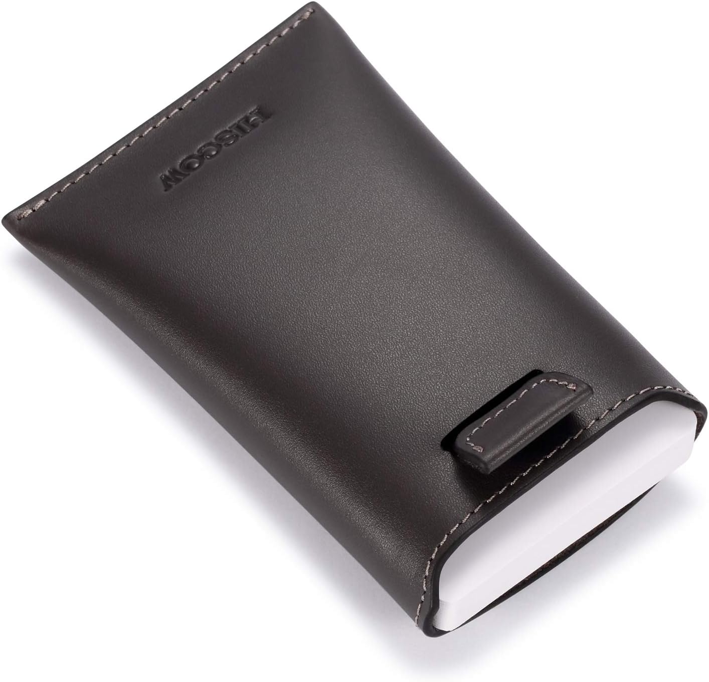 HISCOW Business Card Holder with Flap for Dispensing Cards - Italian Calfskin (Gray)