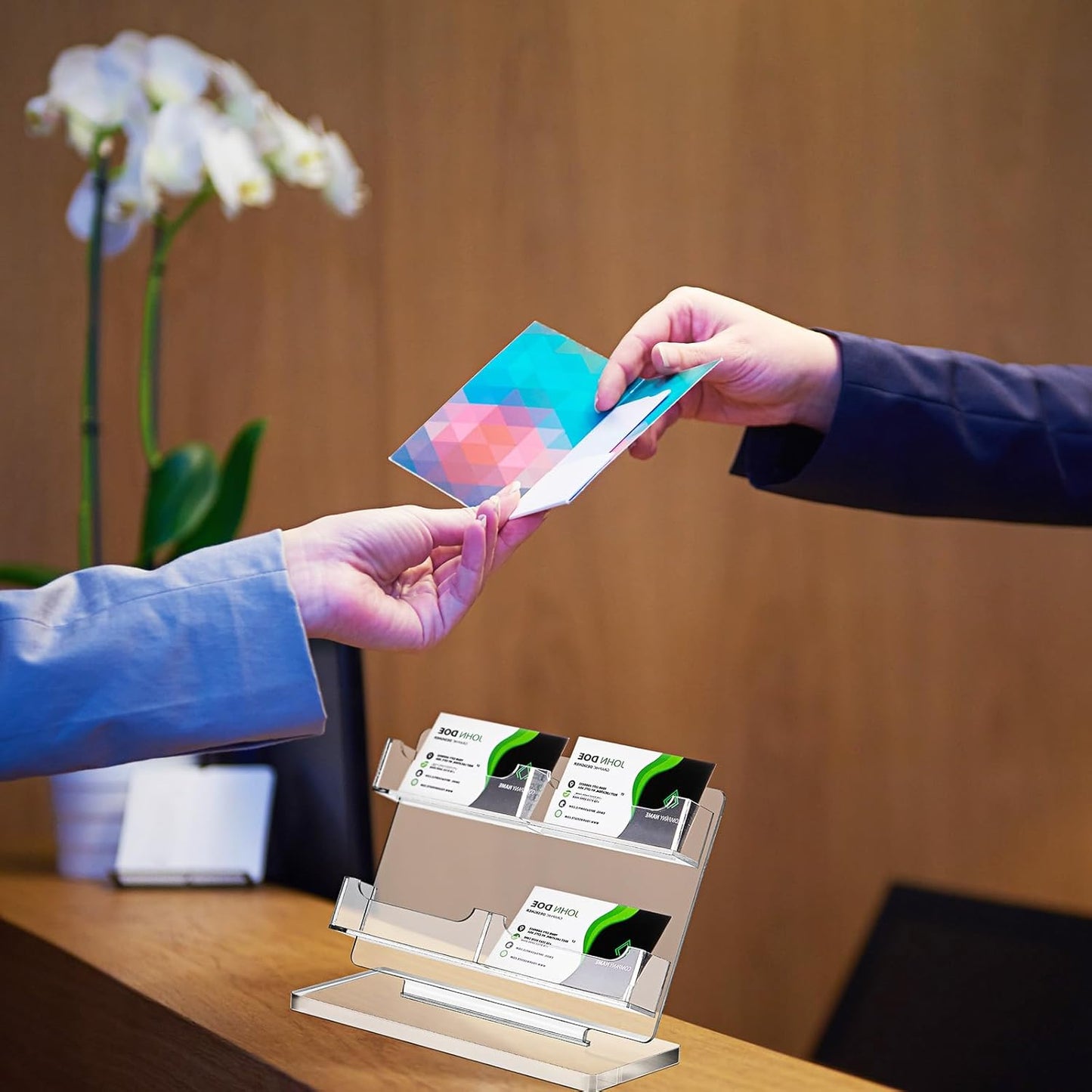 Business Card Holder for Desk 4 Slots Freestanding Acrylic Business Card Holder Display Stand Multiple Organizer for Office Meeting Exhibition Home