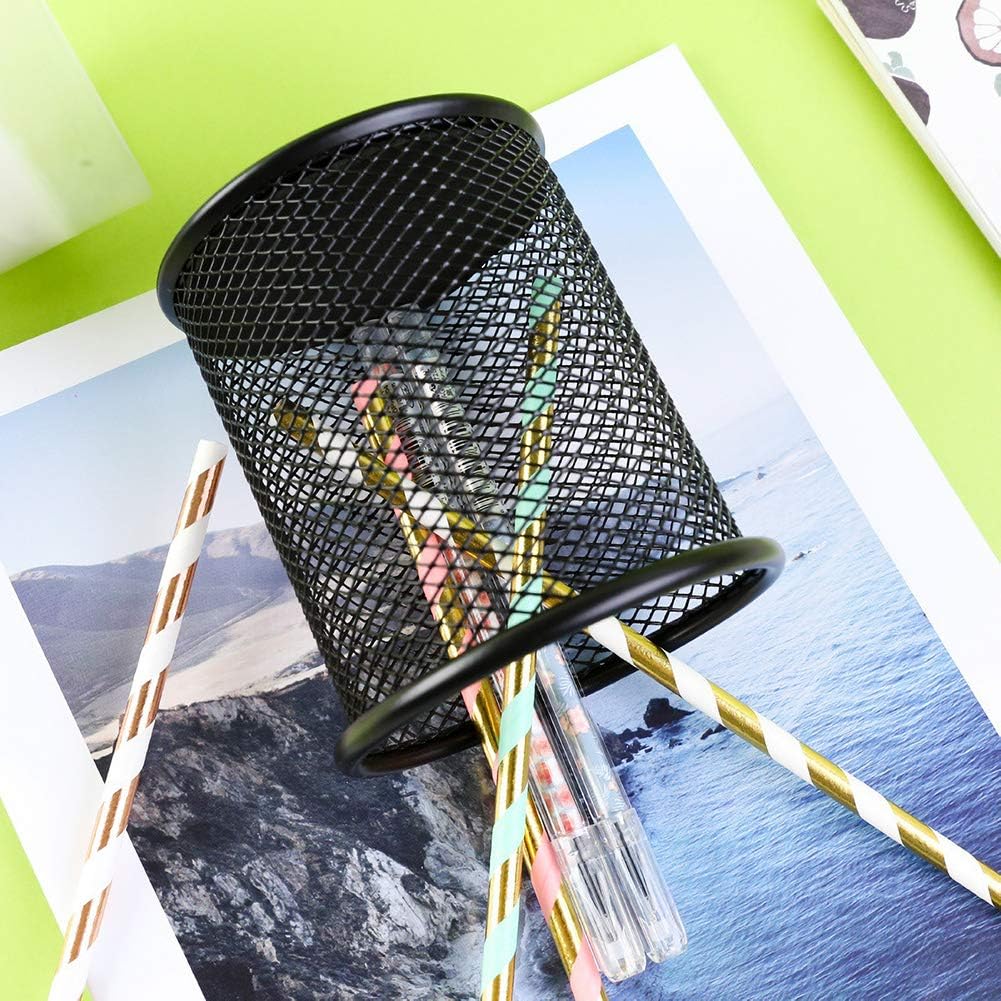 Ameceres 4 Packs Wire Mesh Pencil Holder Metal Pen Cup Desk Pen Organizer Case Pencil Jar Black for Office Home (Black)